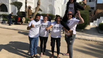 A group wearing PADI Instructor shirts outside a white building